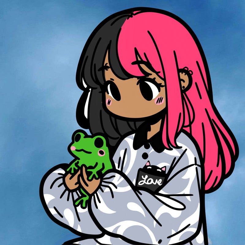 girl with long hair and a oversized shirt. and she is holding a frog