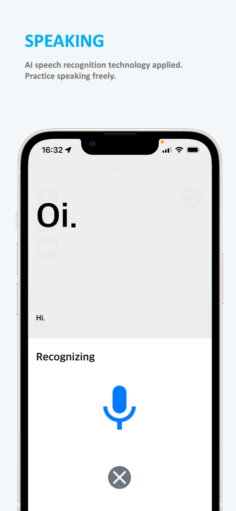 Tela de smartphone mostrando a interface do aplicativo Emme Português com reconhecimento de fala por IA para prática de pronúncia
