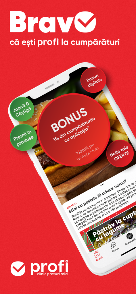 Profi - Profi 모바일 앱 인터페이스에 로열티 보너스, 디지털 상품권 및 쇼핑 혜택 표시