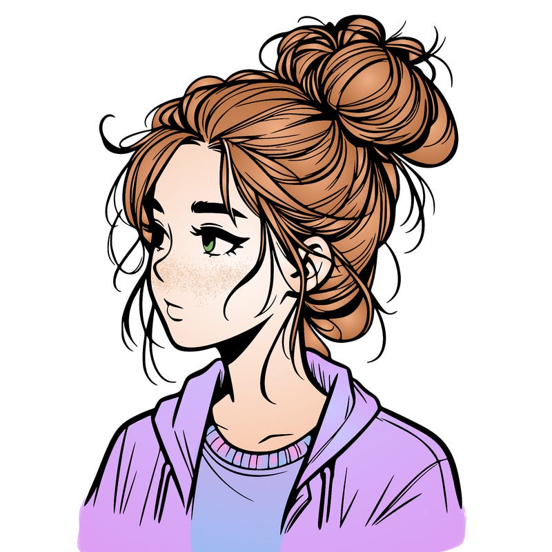 realistic teenage girl with a messy bun