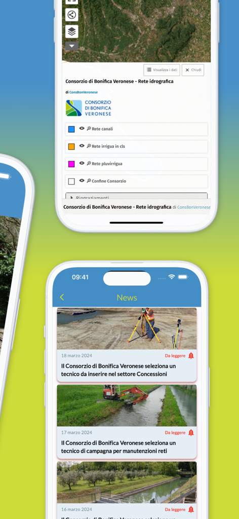 Mobile Bildschirme der Consorzio di Bonifica Veronese App, die Bewässerungskarten und die neuesten Nachrichten zeigen