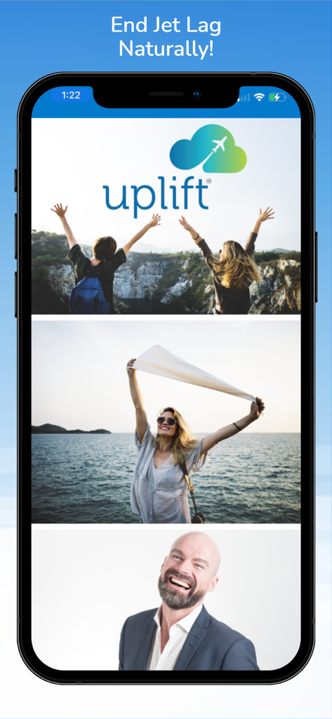 Uplift - Travel Without Jetlag - Uplift app home screen for natural jet lag relief featuring happy travelers and a smiling executive.