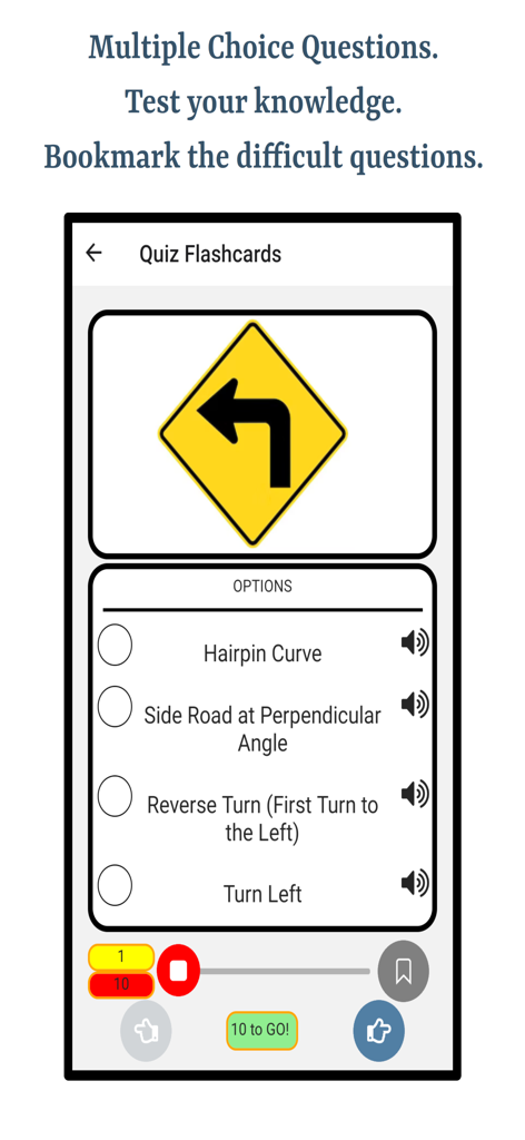 Driving Road Signs - Interface de quiz do aplicativo Driving Road Signs com uma placa de vire à esquerda e opções de múltipla escolha