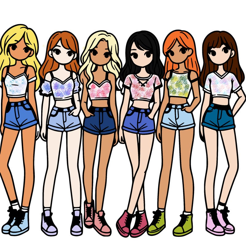 a group of girls wearing crop tops and shorts