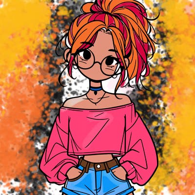 girl with a messy ponytail glasses a baggy crop top and jean shorts