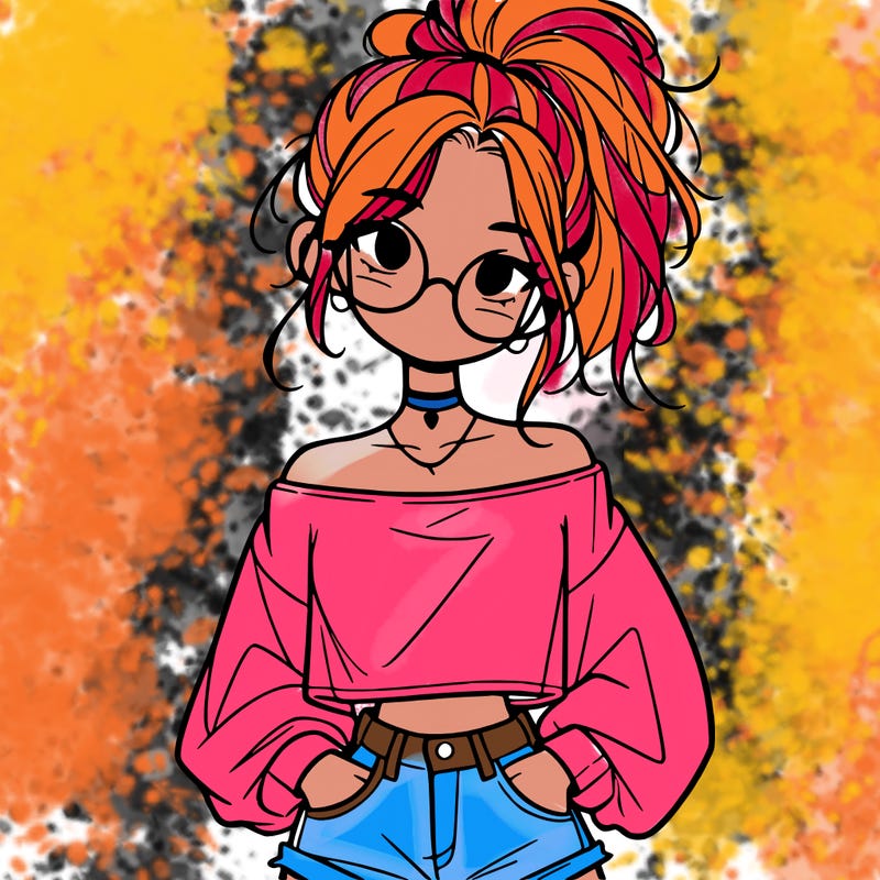 girl with a messy ponytail glasses a baggy crop top and jean shorts