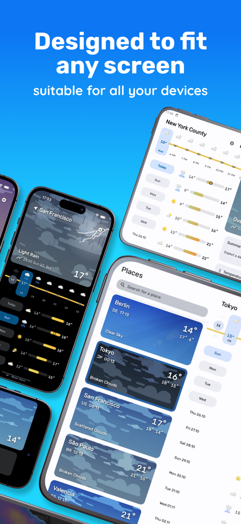 Yawa Weather and Radar app interface displayed on multiple smartphones and tablets showcasing its responsive design for various screen sizes.