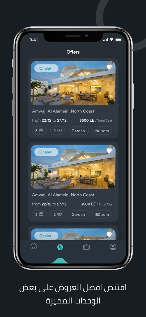 Interface de l'application SpotX montrant des offres de location de vacances pour des chalets avec prix et détails de propriété