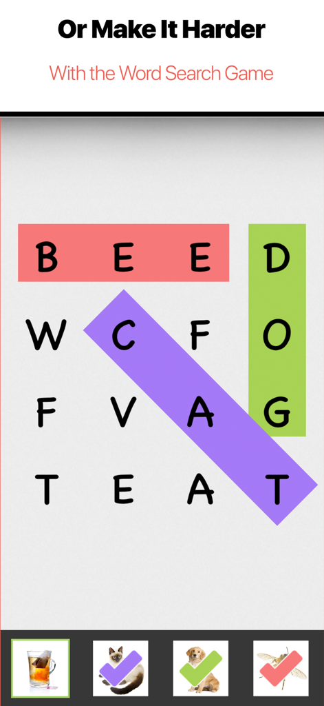 Bitsboard Flashcards PRO - Educational word search game interface in the Bitsboard Flashcards PRO app
