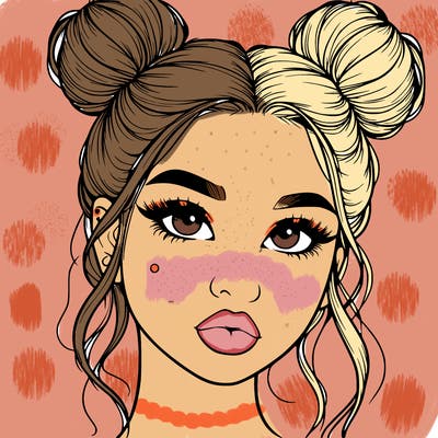 realistic girl with two buns on her hair and lips