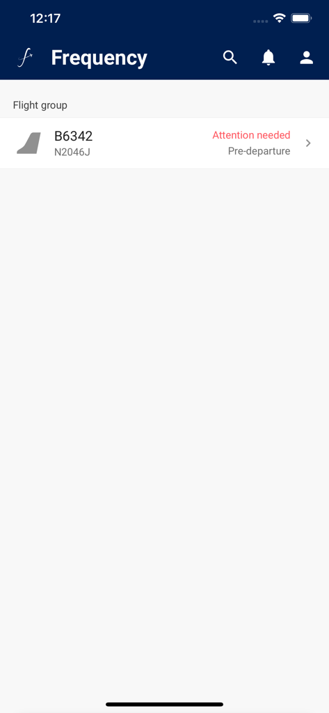 Frequency app interface displaying a flight group list with a pre-departure alert for flight B6342