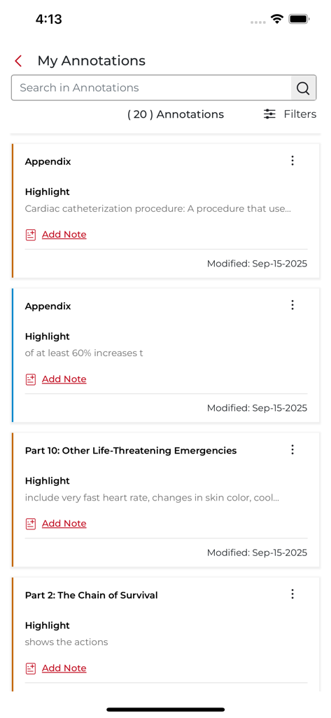 A list of medical annotations and highlights saved within the AHA eBook Reader app showing search and filter options