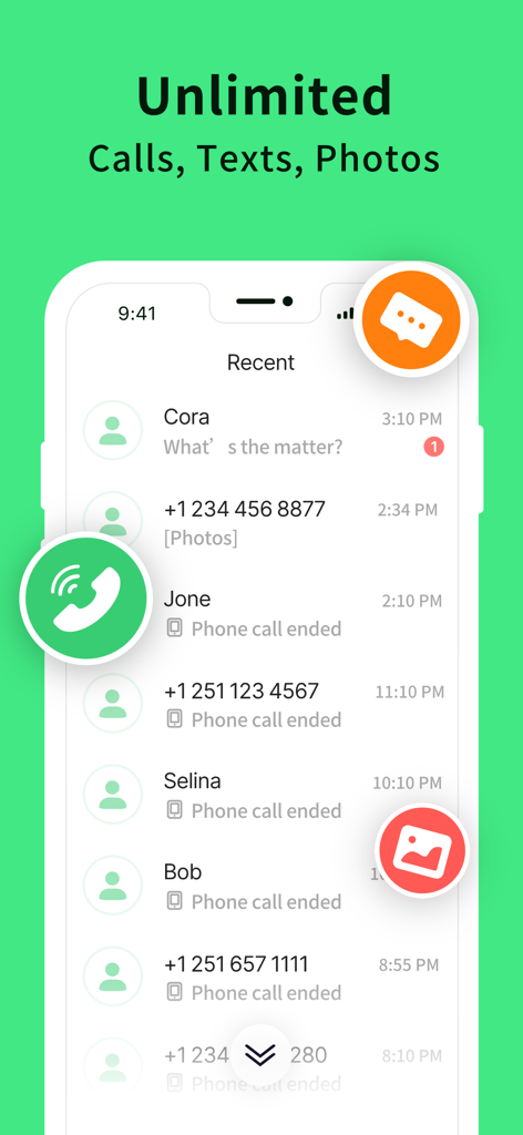 BuzzNow app interface showing recent call and text history with unlimited communication features