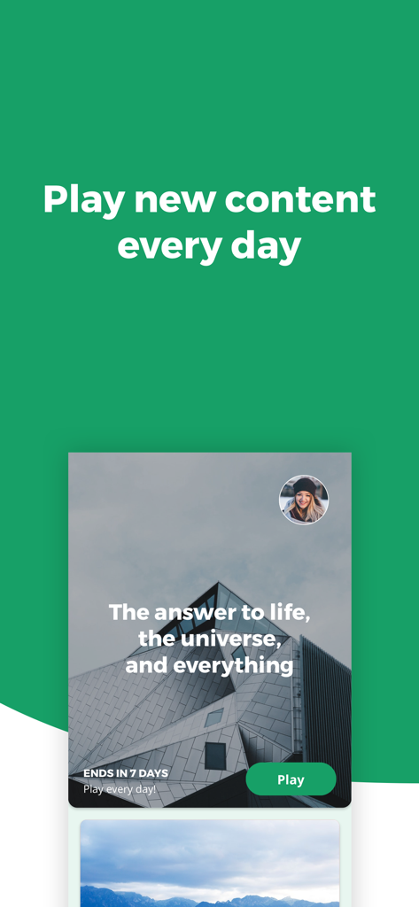 PLAM! Play And Learn - Una interfaz de aplicación móvil para PLAM Play And Learn que presenta un módulo de cuestionario diario titulado La respuesta a la vida el universo y todo.