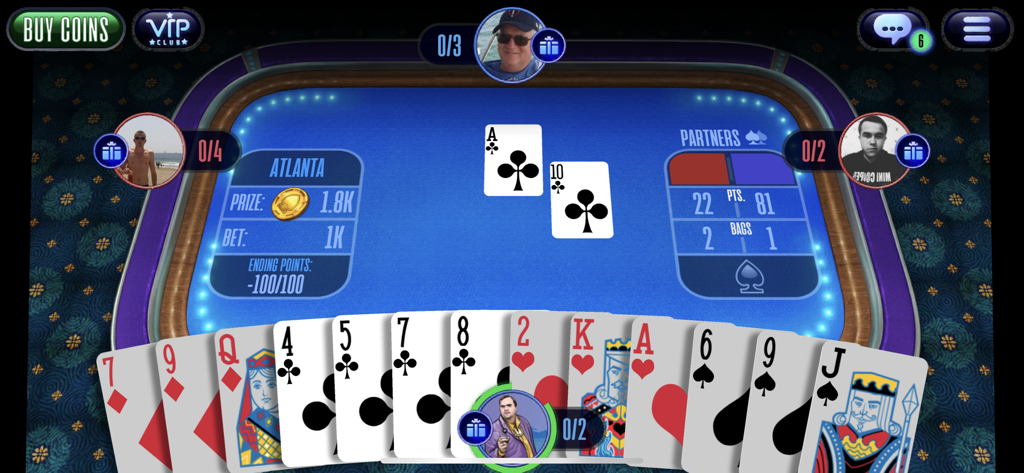 Spades Tournament online game - A live online Spades match at the Atlanta table showing player cards and game statistics