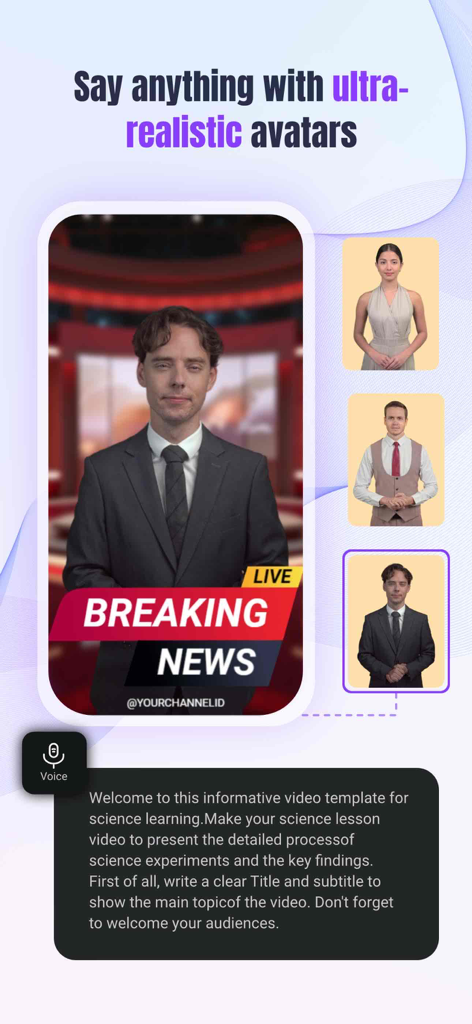 Vidnoz AI app interface showing a realistic male avatar in a breaking news studio video template