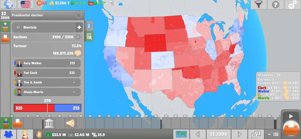 A political map of the United States displaying presidential election results and candidate data in Lawgivers II.