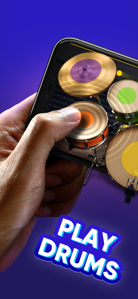 A person playing a virtual drum set on a mobile phone