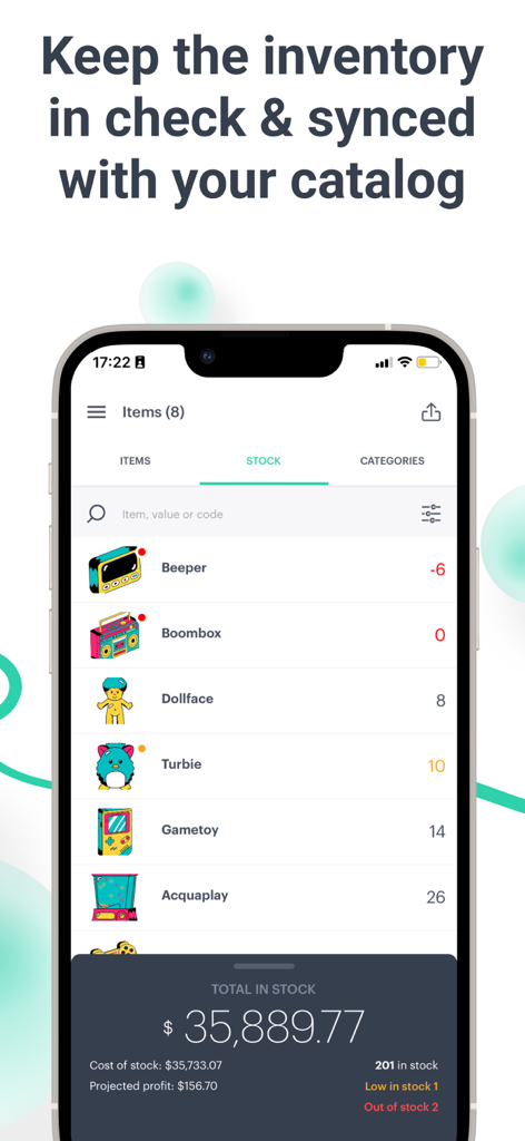 Kyte: Online Catalog and Store - Interfaz de la app Kyte mostrando gestión de inventario con niveles de stock y valor total del stock