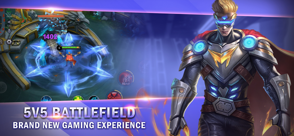 Legend of Ace - Legend of Ace 5v5 battlefield gameplay showing a hero fighting a monster alongside a futuristic character portrait