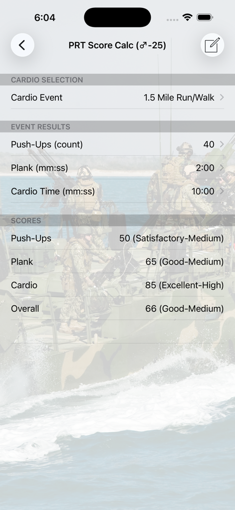 Navy PFA Calc app interface showing Physical Readiness Test results for push ups plank and run with overall fitness rating