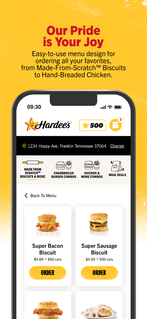 Hardee's Mobile Ordering - Hardees mobile app interface showing a breakfast menu with Super Bacon and Super Sausage biscuits
