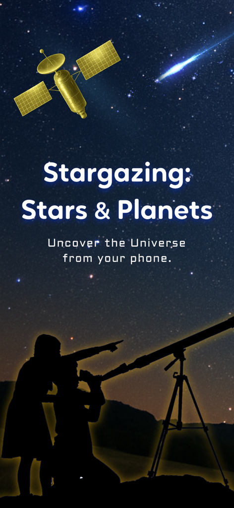 Tela introdutória do aplicativo Observação de Estrelas e Planetas mostrando um céu noturno estrelado com um satélite e pessoas usando um telescópio