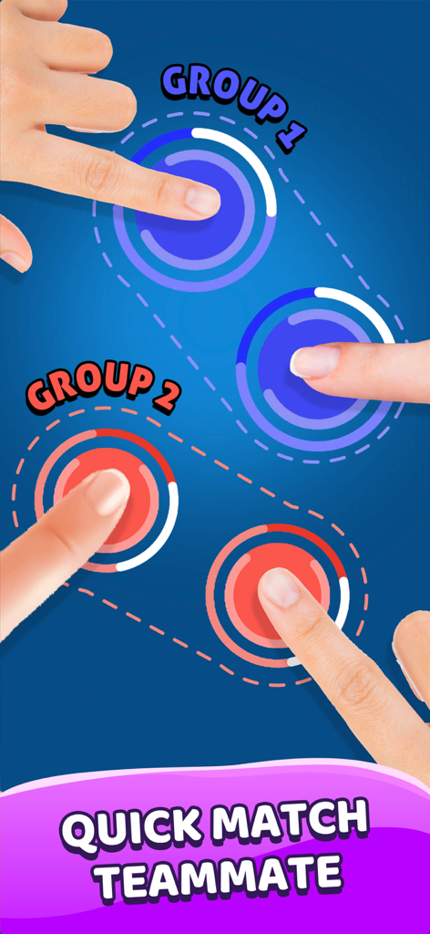 PartyFun: Finger Chooser Games - Una interfaz de aplicación móvil que muestra cuatro dedos siendo clasificados en dos equipos por color