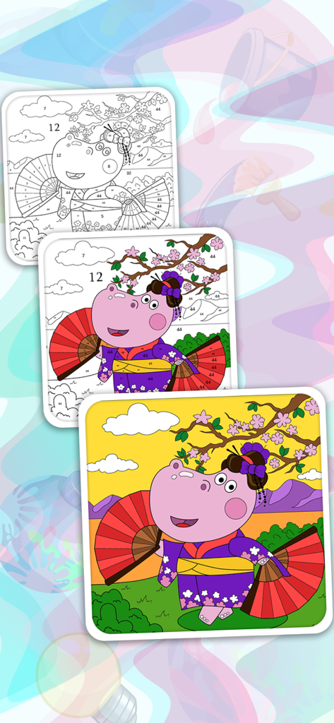 A step by step visual showing a hippo character sketch being colored using a number system
