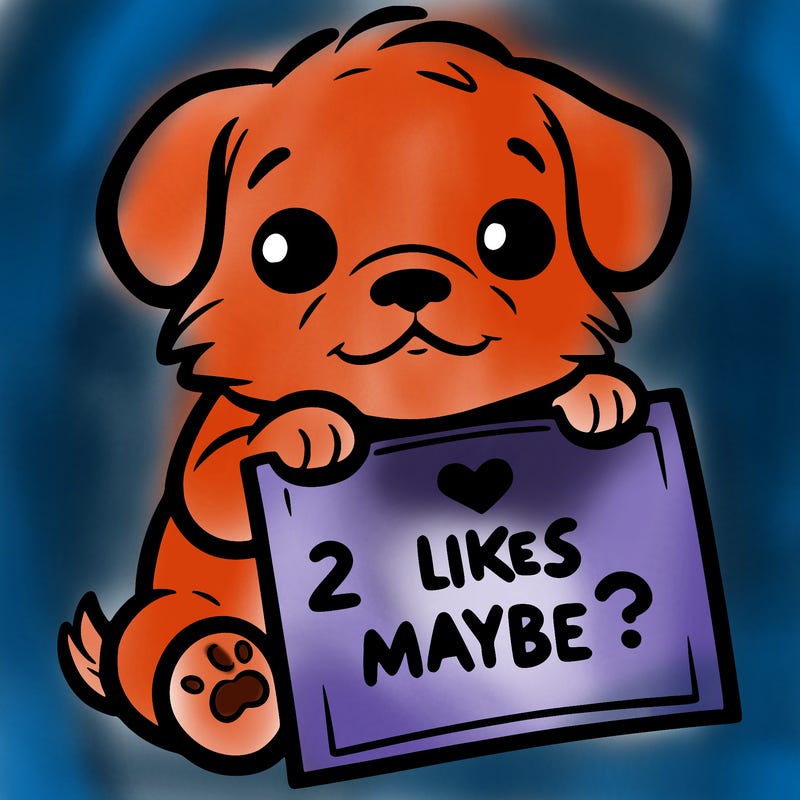 a puppy holding a sign that says 2 likes maybe?