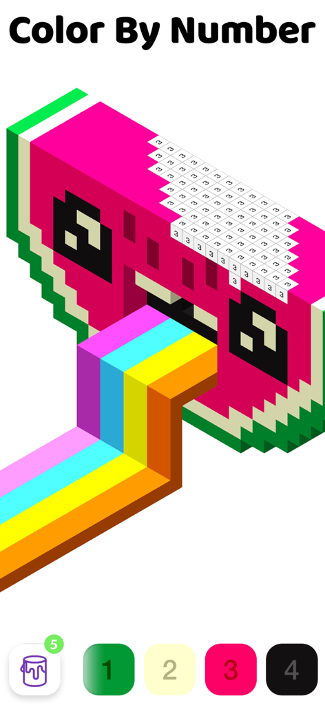 Eine 3D-Voxel-Kunst-Wassermelone mit einem Regenbogen, der aus ihrem Mund kommt, im Voxly-Malen-nach-Zahlen-Spiel