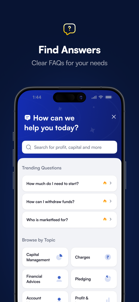 marketfeed - Marketfeed app help center showing frequently asked questions and support topics like capital management and financial advice