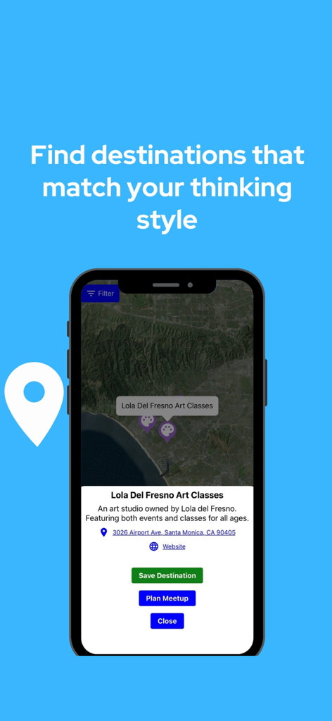 Know Yourself - Self Discovery - Mobile app screen displaying a map with a curated destination for art classes in Santa Monica