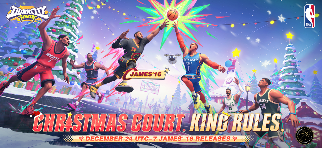 Dunk City Dynasty - Pancarta promocional de Dunk City Dynasty para el evento navideño con superestrellas de la NBA en una cancha de baloncesto callejero festiva