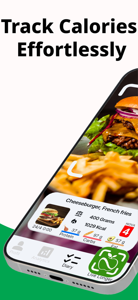 Live Longer app interface showing AI photo recognition tracking calories and macronutrients for a cheeseburger and fries