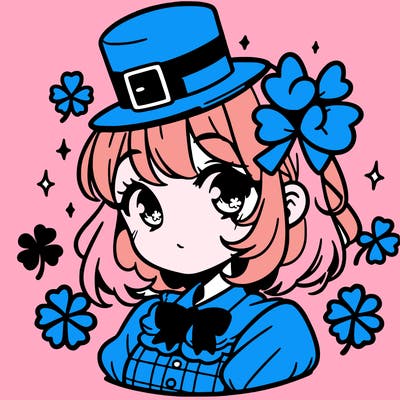 a manga-style girl with clovers around her, a little hat in her hair, like it's saint patrick's day