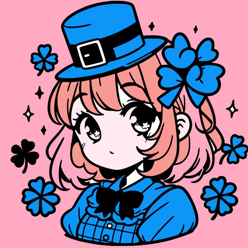 a manga-style girl with clovers around her, a little hat in her hair, like it's saint patrick's day
