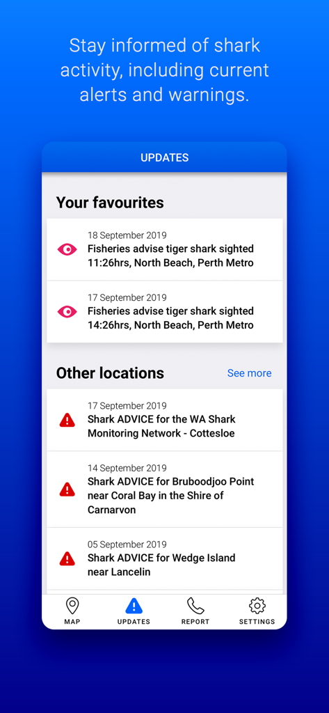 SharkSmart WA app showing recent shark activity and safety alerts