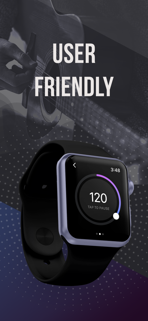 Metronome Watch - BPM Counter - Apple Watch displaying 120 BPM metronome app interface with a guitarist in the background