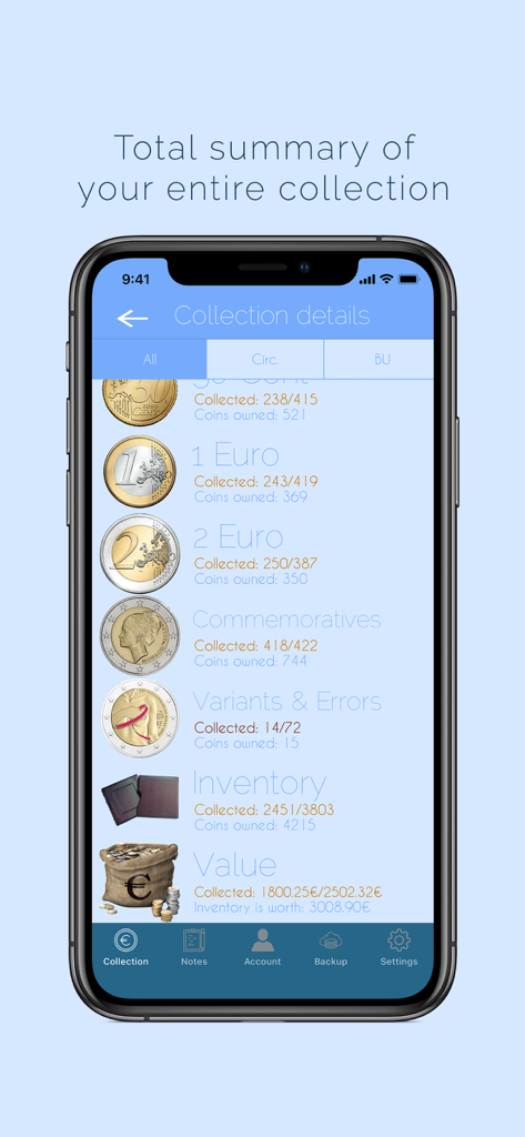 Euro Coins Album - Summary screen of the Euro Coins Album app showing collection details and total value of owned coins