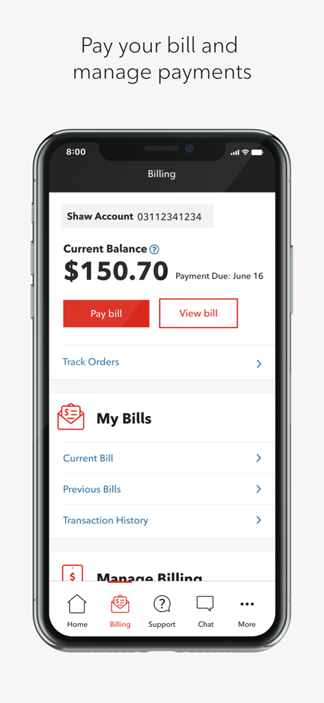 Screenshot della dashboard di fatturazione dell'app MyRogers Shaw che mostra un saldo corrente di 150,70 dollari e le opzioni per pagare o visualizzare la bolletta
