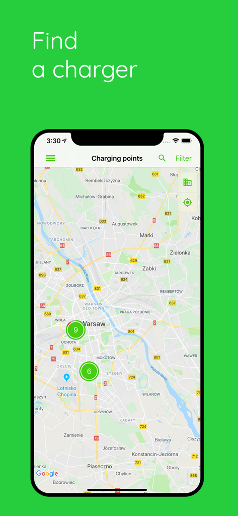 Elocity - Elocity app interface showing a map with available electric vehicle charging stations