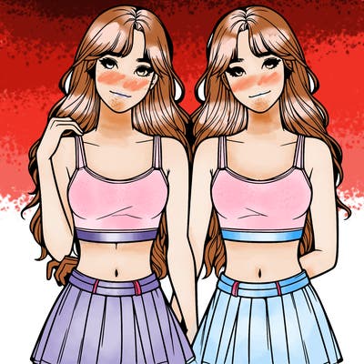 realistic twin teenagers in crop tops and skirts