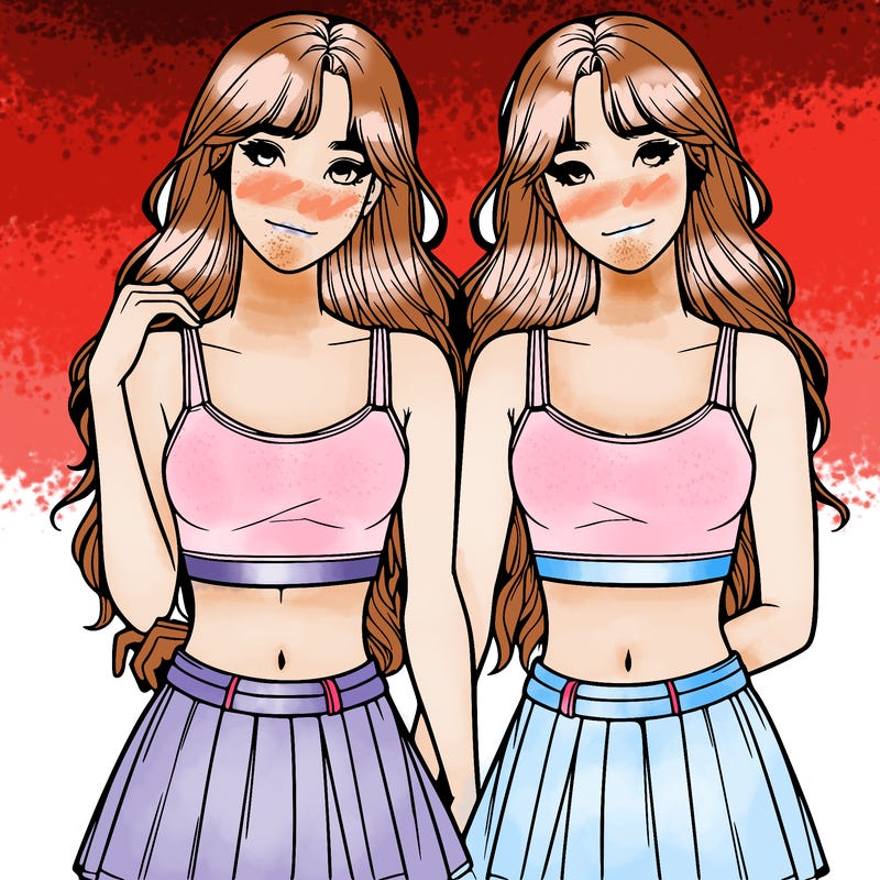 realistic twin teenagers in crop tops and skirts
