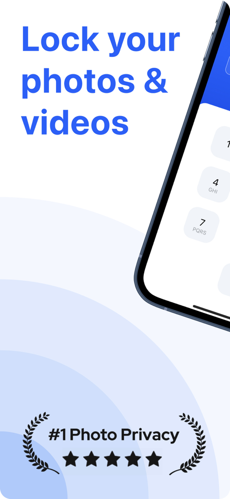 SV - Private Photo Vault PRO - A smartphone screen displaying a secure PIN code lock for photos and videos with a top privacy rating badge.