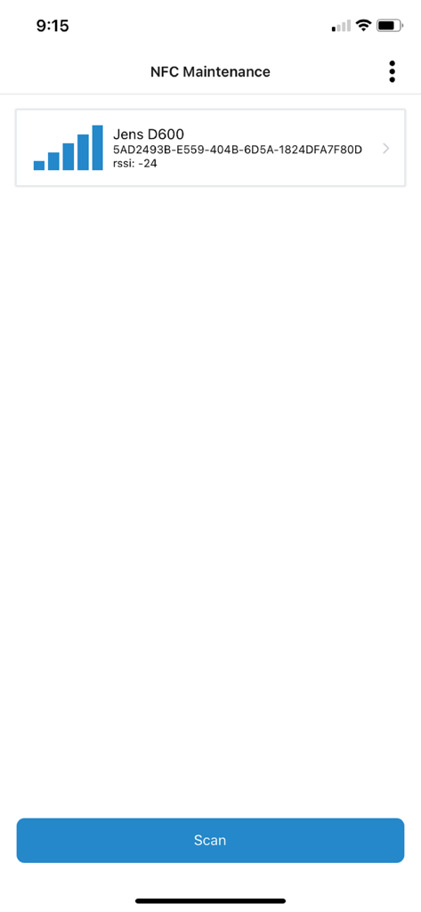 Maintenance by Socket Mobile - Maintenance by Socket Mobile app interface showing a detected D600 device with signal strength and a scan button