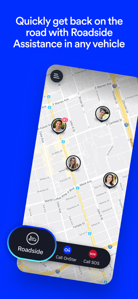 OnStar Guardian: Safety App - A map interface in the OnStar Guardian app showing family member locations and buttons for roadside assistance, OnStar support, and SOS.
