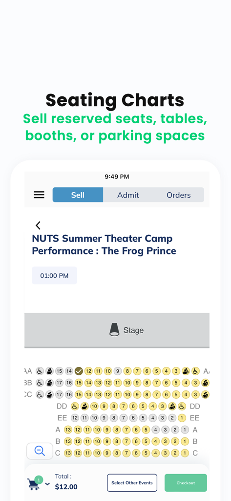 SimpleTix Organizer - Sitzplan-Oberfläche für reservierte Event-Sitze in der SimpleTix Organizer App