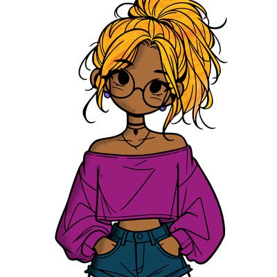girl with a messy ponytail glasses a baggy crop top and jean shorts