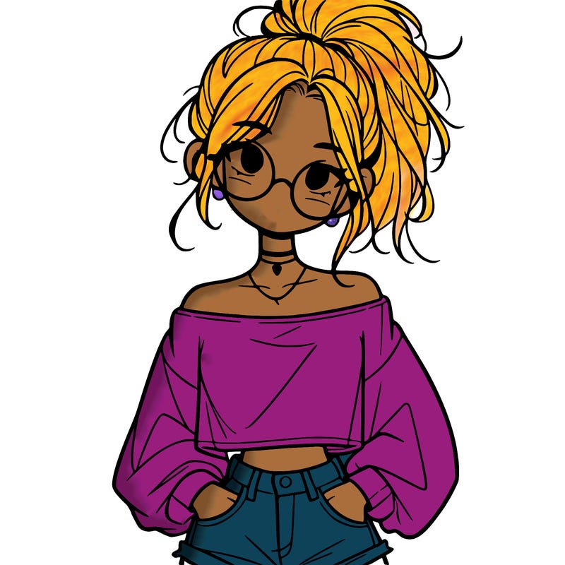 girl with a messy ponytail glasses a baggy crop top and jean shorts